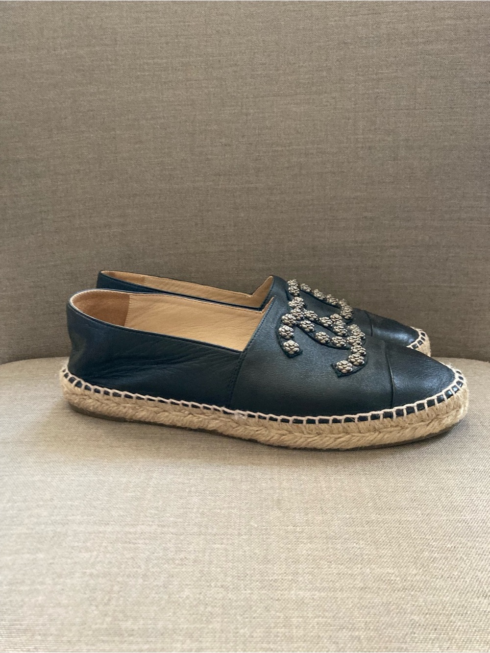 CHANEL Black Leather Espadrille Flats with Crystal CC Motif